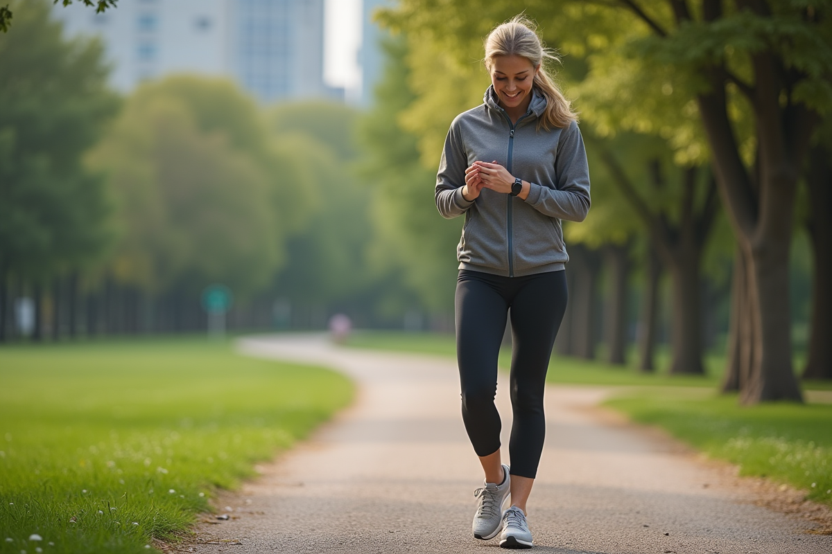 Femme en tenue de sport vérifiant son tracker dans un parc