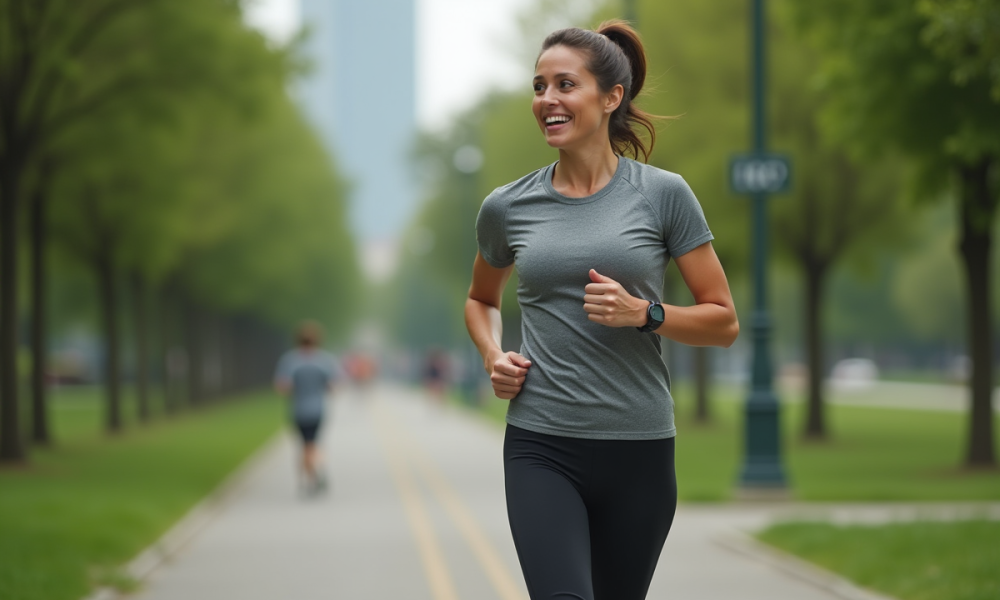 Femme courant dans un parc urbain avec tenue de sport