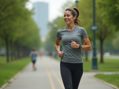 Femme courant dans un parc urbain avec tenue de sport