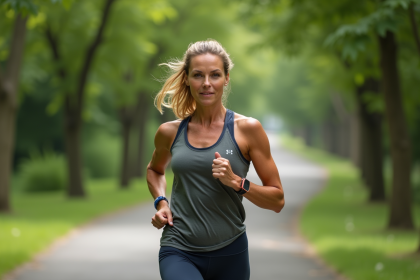Femme sportive en pleine course dans un parc verdoyant