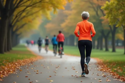 Femme sportive marchant dans un parc urbain en automne