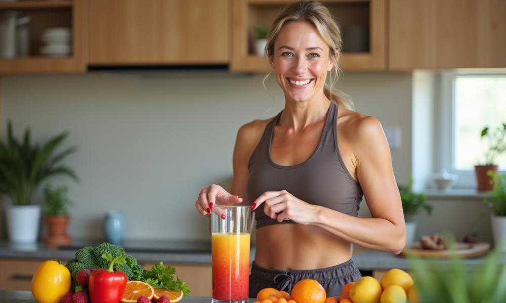 Femme active en cuisine préparant un smoothie coloré