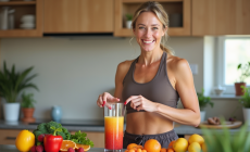 Femme active en cuisine préparant un smoothie coloré