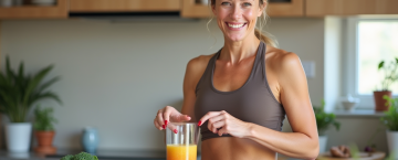 Femme active en cuisine préparant un smoothie coloré