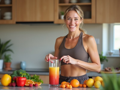 Femme active en cuisine préparant un smoothie coloré