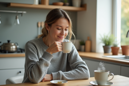 Femme détendue buvant une tisane dans une cuisine lumineuse