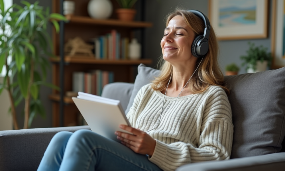 Femme détendue écoutant de la musique thérapeutique