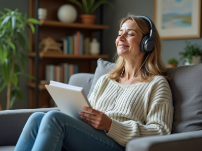 Femme détendue écoutant de la musique thérapeutique