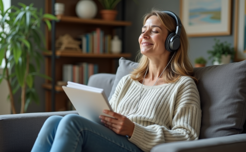 Femme détendue écoutant de la musique thérapeutique