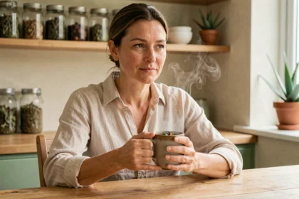 Femme tenant une tasse de tisane apaisante comme remède naturel contre le reflux gastrique dans une cuisine chaleureuse