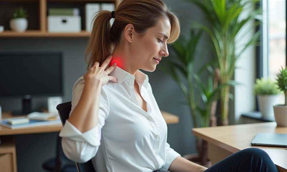 Femme assise au bureau se massant l'épaule gauche