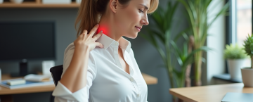 Femme assise au bureau se massant l'épaule gauche