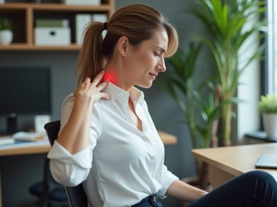 Femme assise au bureau se massant l'épaule gauche