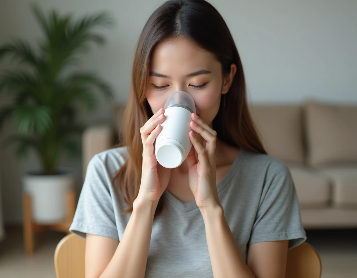 Femme utilisant un nébuliseur électrique à domicile avec du sérum physiologique