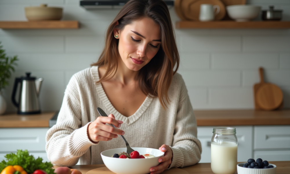 Femme préparant un bol de yaourt aux fruits dans une cuisine lumineuse