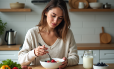 Femme préparant un bol de yaourt aux fruits dans une cuisine lumineuse