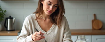 Femme préparant un bol de yaourt aux fruits dans une cuisine lumineuse