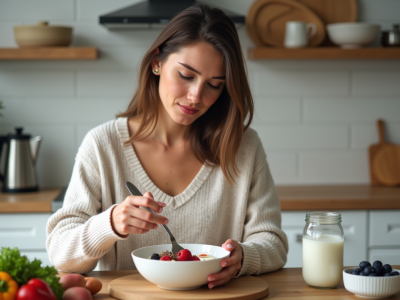 Femme préparant un bol de yaourt aux fruits dans une cuisine lumineuse