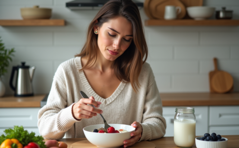 Femme préparant un bol de yaourt aux fruits dans une cuisine lumineuse