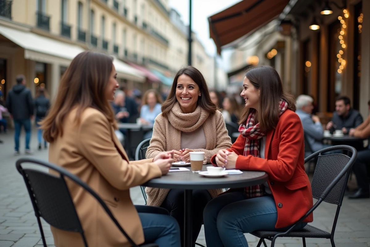 Femmes discutant dans un café en terrasse en France