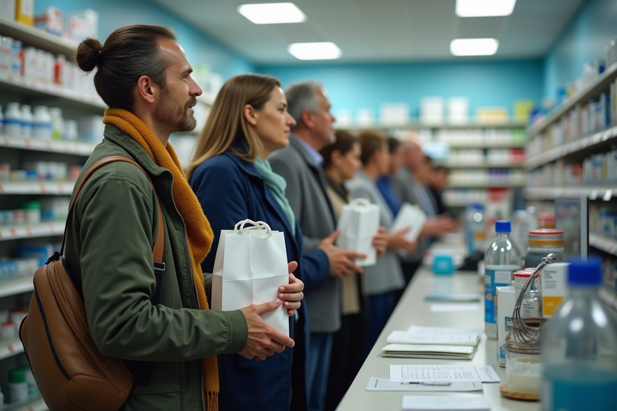 Groupe de personnes faisant la queue à la pharmacie