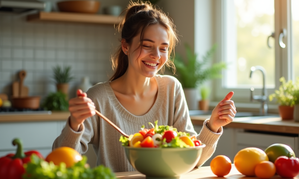 Jeune femme souriante dégustant une salade colorée à la maison