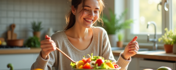 Jeune femme souriante dégustant une salade colorée à la maison