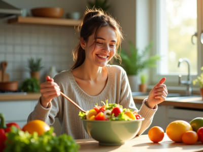 Jeune femme souriante dégustant une salade colorée à la maison