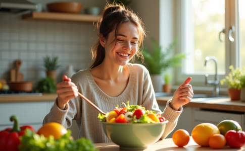 Jeune femme souriante dégustant une salade colorée à la maison