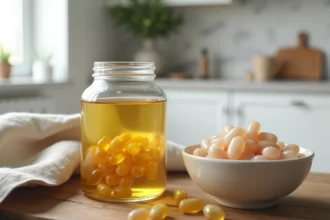 Huile de foie de morue en capsules dorées sur une table en bois avec du foie de morue frais dans un bol, bienfaits pour les articulations