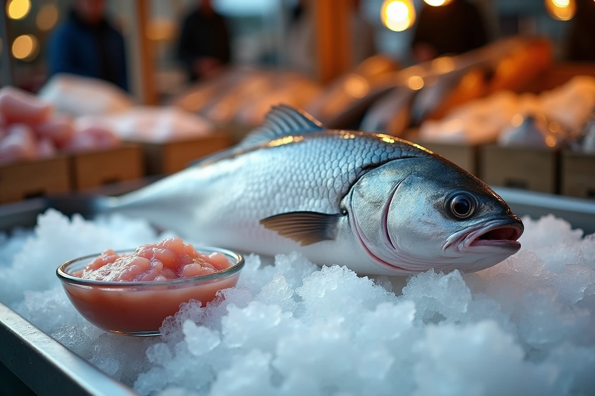 Foie de morue frais dans une assiette posée sur de la glace à côté d'une morue entière sur l'étal d'un marché poissonnerie nordique