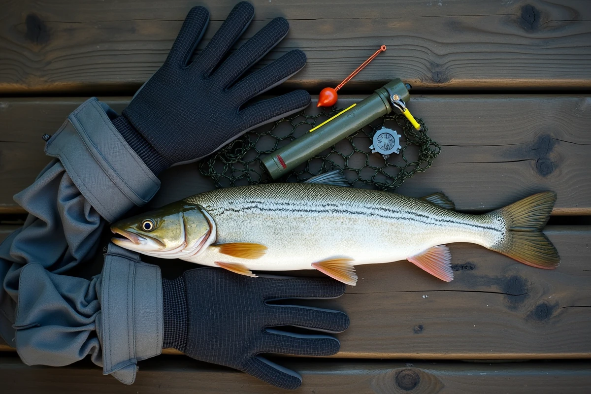 Gants anti-coupure pour la pêche au brochet posés à côté d'un poisson aux dents acérées sur un ponton en bois