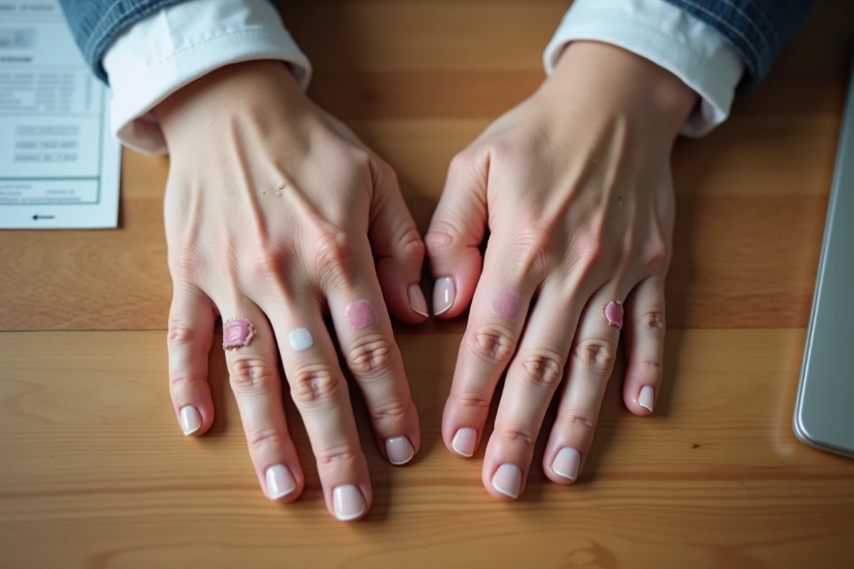 Gros plan sur des mains adultes montrant des ongles blancs avec des stries et décolorations caractéristiques à examiner médicalement