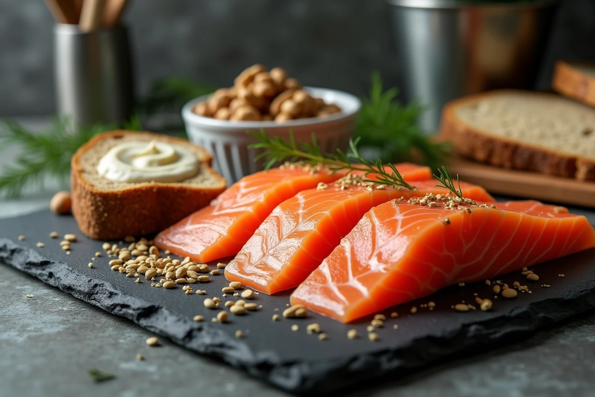 Gros plan sur une ardoise avec du saumon frais tranché, du pain de seigle et des noix, sources d'oméga-3 naturels