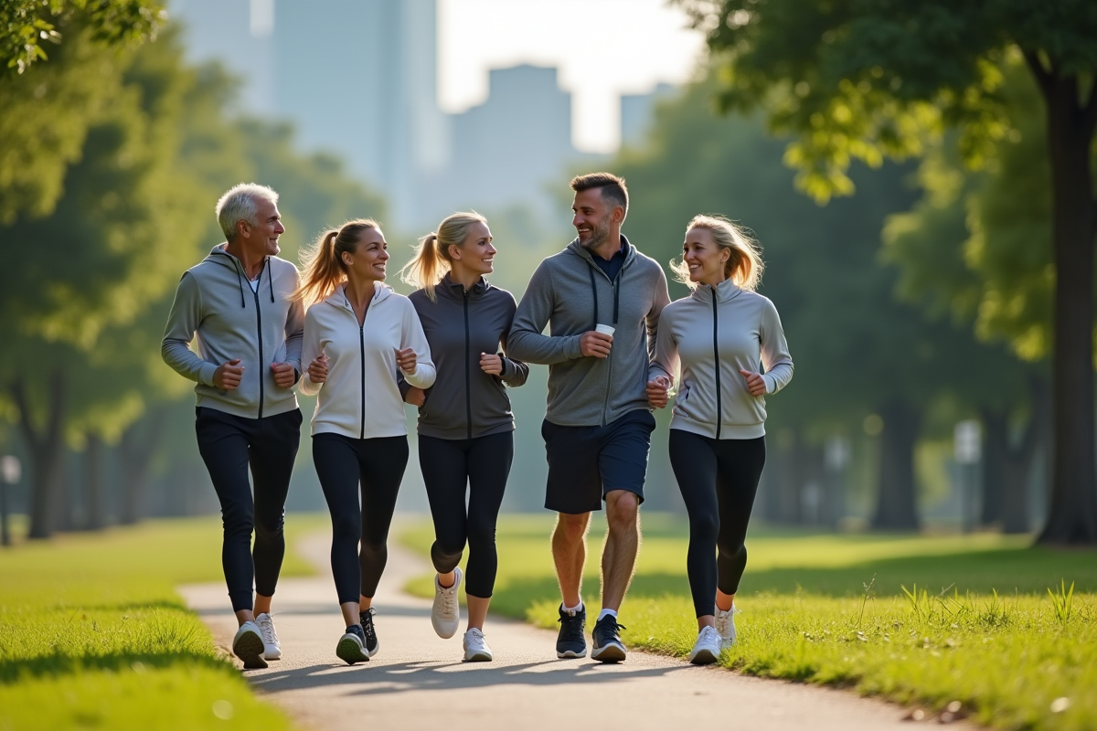 Groupe d adultes marchant dans un parc verdoyant