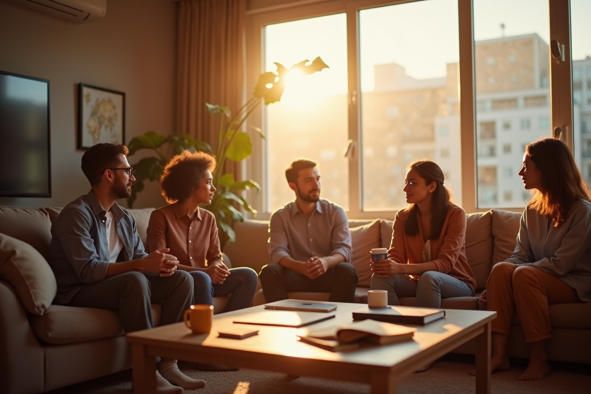 Groupe en réunion dans un salon lumineux avec personne absente