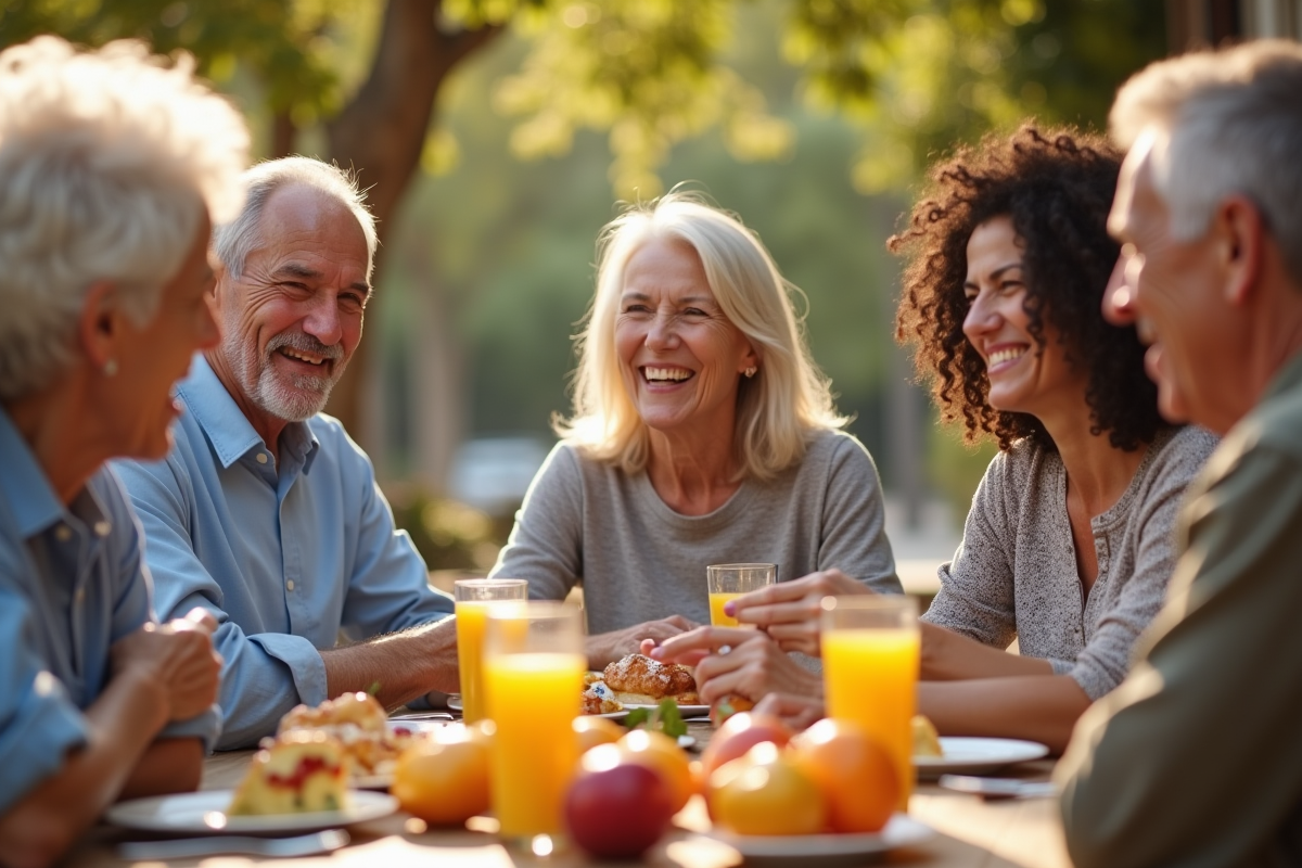Groupe de seniors souriants autour d un café en plein air