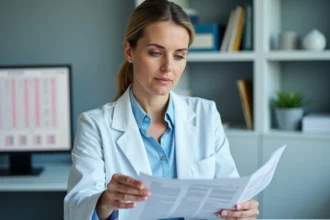 Hématologue femme examinant les résultats d'un hémogramme avec valeurs TCMH dans un bureau médical moderne