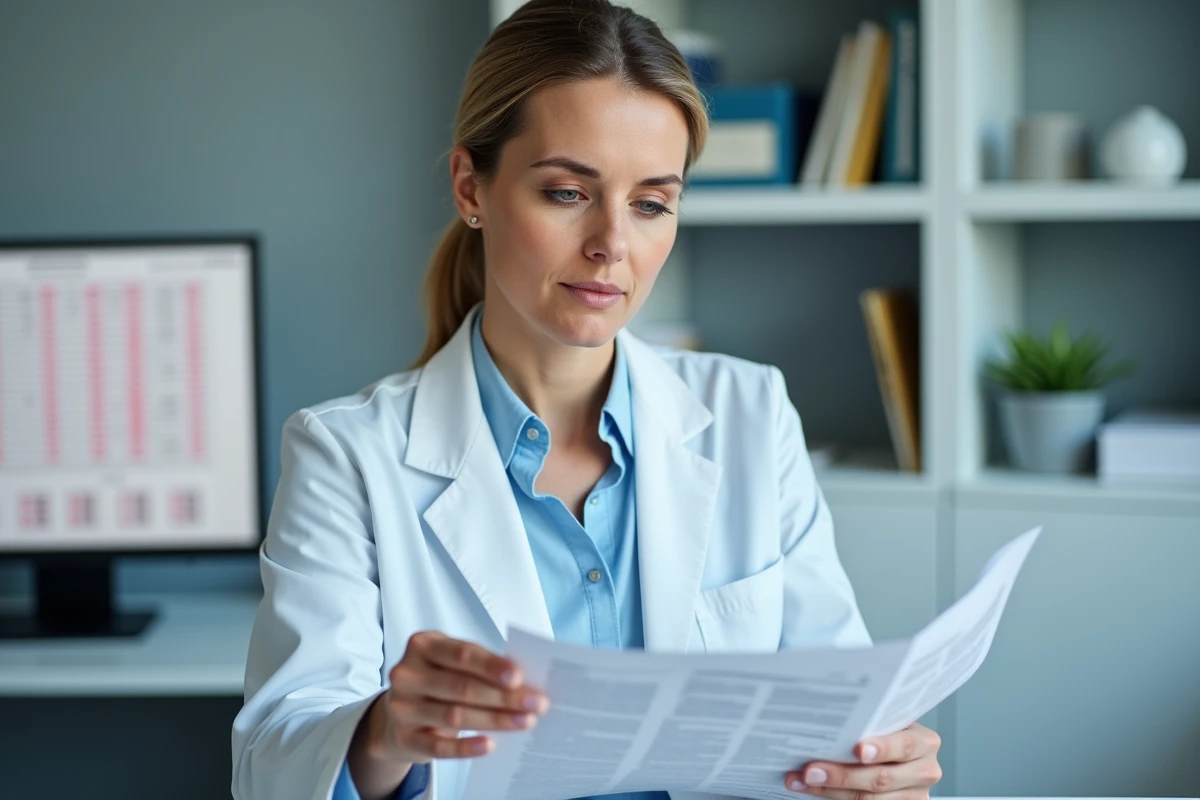 Hématologue femme examinant les résultats d'un hémogramme avec valeurs TCMH dans un bureau médical moderne