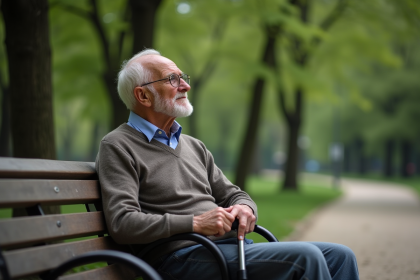 Homme âgé assis sur un banc dans un parc calme