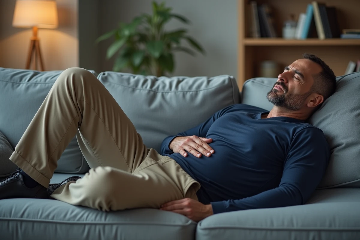 Homme allongé sur un canapé tenant son côté droit sous les côtes avec une expression de douleur abdominale, scène de repos à domicile après une chute
