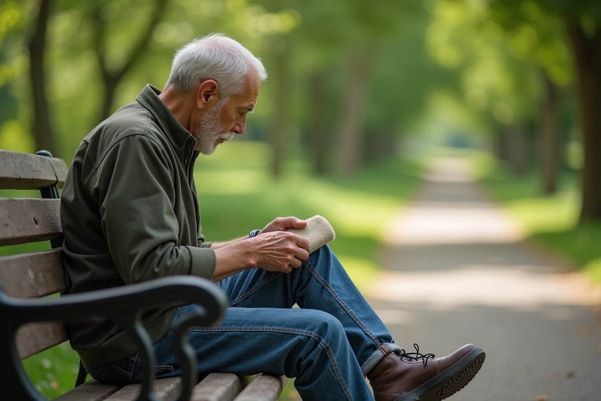 Homme âgé appliquant une compresse froide sur le genou dans un parc