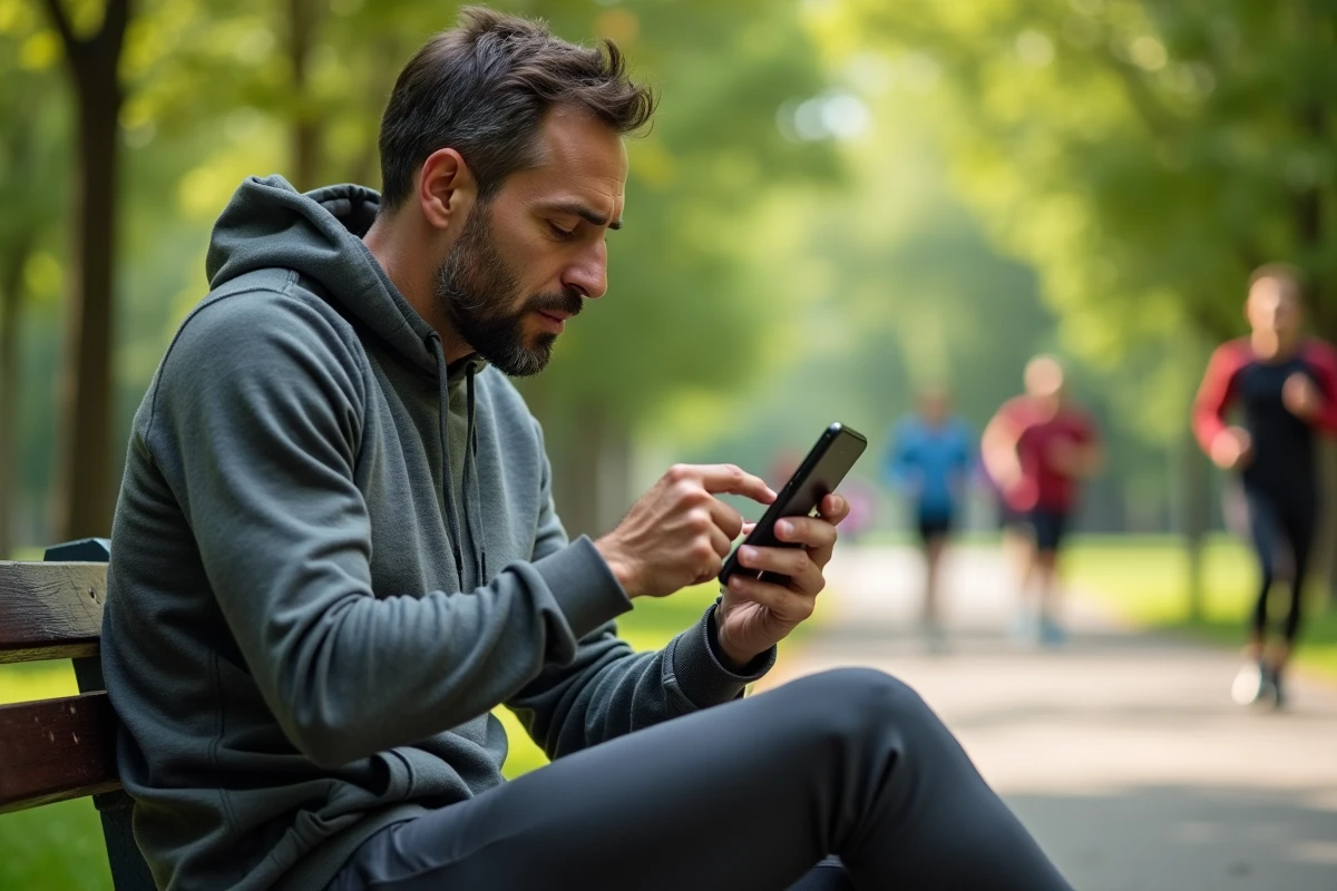 Homme consultant une application de suivi de course sur smartphone pour mesurer sa distance en kilomètres dans un parc