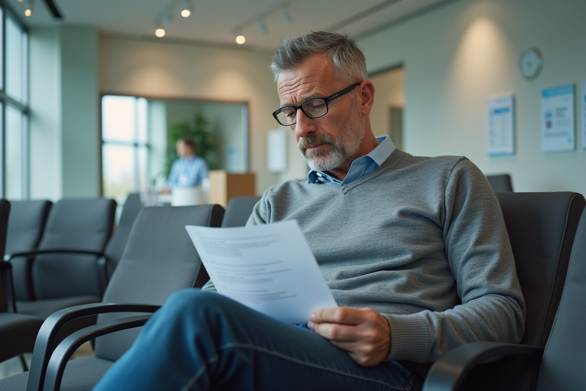 Homme concentré regardant un questionnaire médical