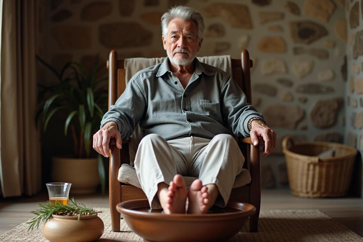Homme âgé utilisant un bain de pieds aux herbes comme remède de grand-mère contre les fourmillements