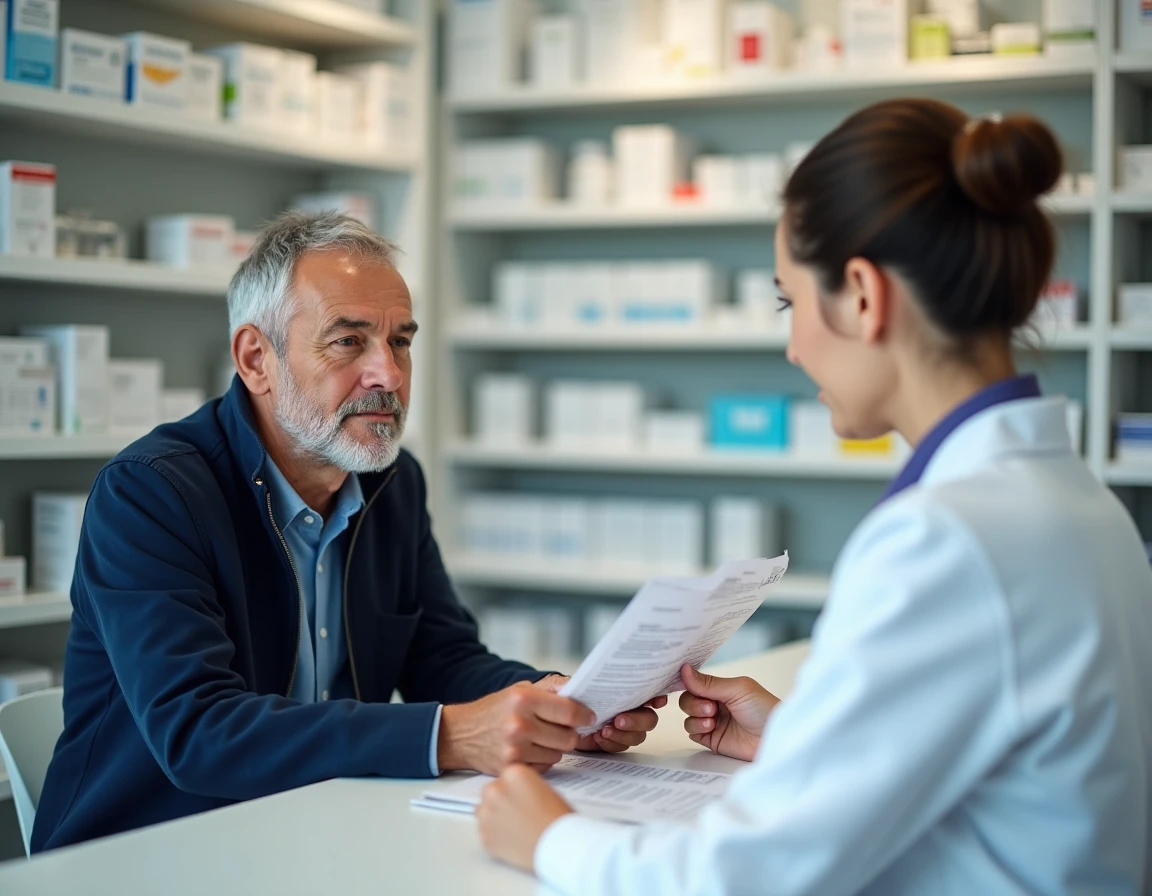 Un homme discutant avec un pharmacien des effets indésirables du complément Puissance 1000 et des conseils pour les limiter