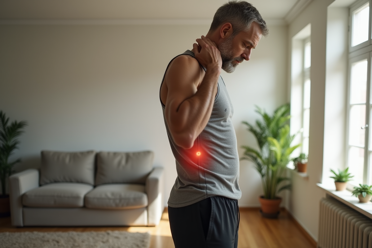 Homme se stretchant le cou dans un salon lumineux