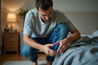Homme regardant sa peau entre les orteils dans une chambre
