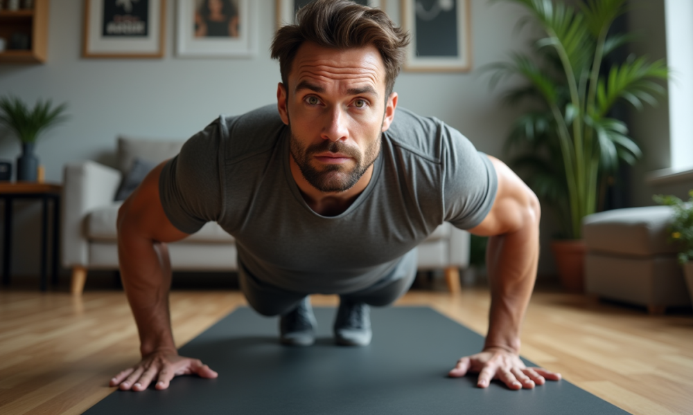 Homme musclé en entraînement dans un salon moderne