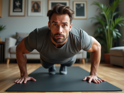 Homme musclé en entraînement dans un salon moderne